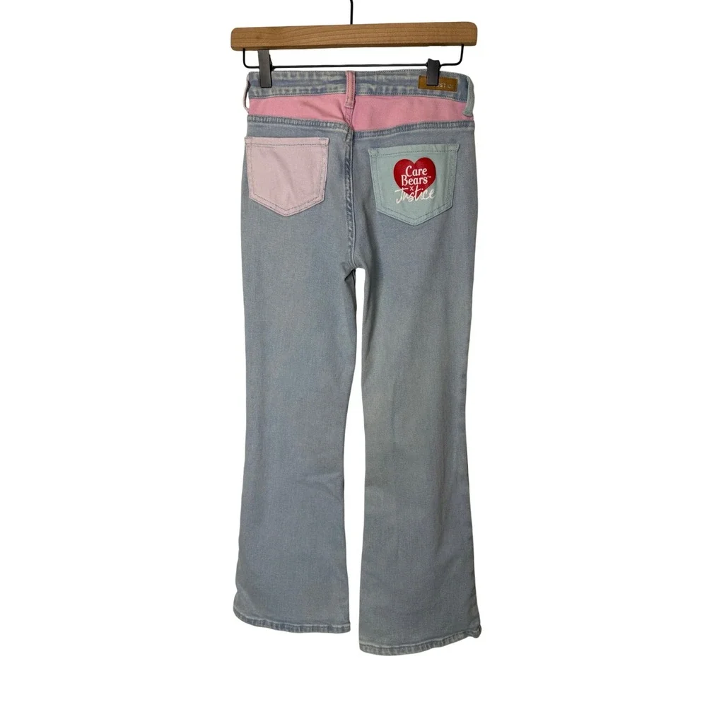 Y2K Justice x Care Bears Girls Colorblock Flare Jeans Size 12 Light Wash Retro
